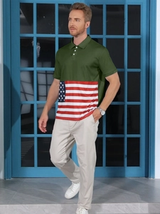 Men's green color block polo shirt featuring US flag print and classic button collar
