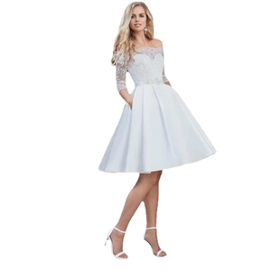 Elegant white off-shoulder lace short wedding dress with a beaded belt and satin skirt