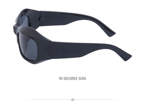 90-degree side view of black steampunk Y2K sports sunglasses with streamlined temples