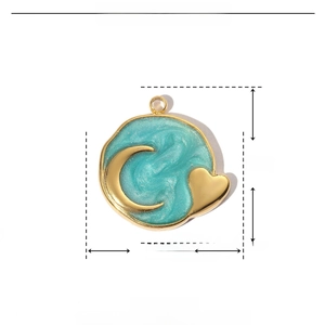 Detailed view of enamel moon heart pendant with 17mm dimensions and weight specs