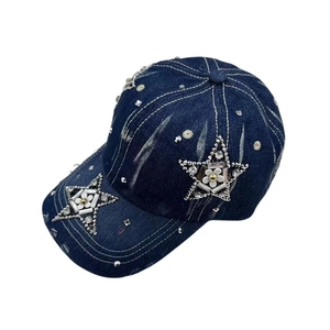 Women's blue denim baseball cap with rhinestone star pattern and floral sequin embellishments