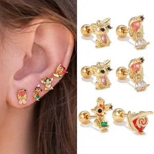 Princess style mini cartilage studs with colorful zircons in gold-plated finish
