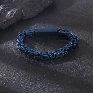 Close-up of deep blue Byzantine weave chain bracelet for men with secure magnetic clasp