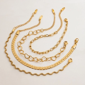 Gold stainless steel heart and link bracelets collection with adjustable lobster clasp