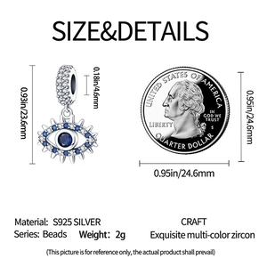 Size details of silver evil eye bead with multicolor zircon and coin for scale comparison
