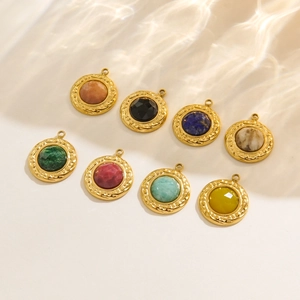 French vintage 15mm 14K gold plated stainless steel pendants with colorful natural stones