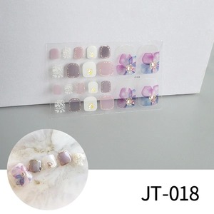 Detail of purple floral 3D toe nail stickers with gold glitter and stone texture patterns