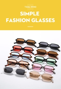 Selection of vintage rectangular sunglasses in multiple colors on a bright white background