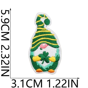 Detailed embroidery patch showing a green gnome with shamrock and size measurements