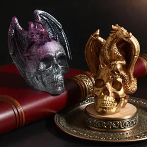 Gothic dragon and skull resin statues with purple glitter and vintage gold finish