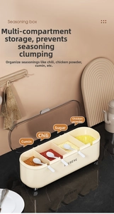 Detail of a cream seasoning box with four compartments, small white spoons and clear lid