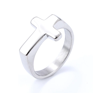 Minimalist silver stainless steel cross ring with a modern religious design for women
