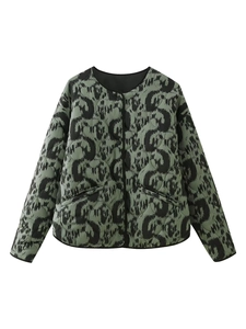 Close-up of olive green quilted jacket featuring black abstract print and button closure