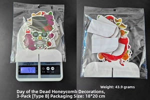 Day of the Dead honeycomb centerpiece 3-pack showing weight and packaging size details