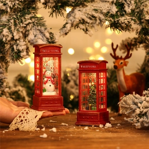 Vintage red Christmas telephone booth lamp with snowman and LED warm light decor
