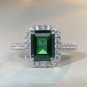 Elegant S925 silver ring featuring a 3-carat emerald-cut green stone with halo setting