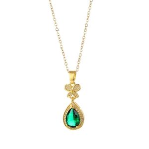 Gold butterfly pendant necklace with pear-shaped green crystal and micro-pave zircons