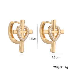 Detail view of 18K gold plated cross heart earrings with zircons and size dimensions