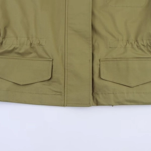 Autumn khaki green parka jacket with large front pockets and drawstring waist detail
