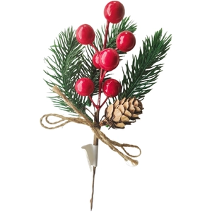Christmas berry pick with pine needles, natural pine cones and a rustic burlap rope bow