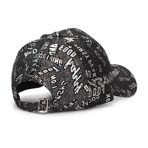 Structured black baseball cap with silver metallic graffiti print and metal buckle