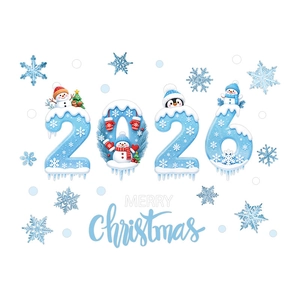 Blue 2026 Christmas window decals with snowmen, snowflakes and festive decorations