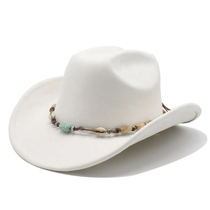 Close-up of white western felt cowboy hat featuring bohemian turquoise and shell bead band
