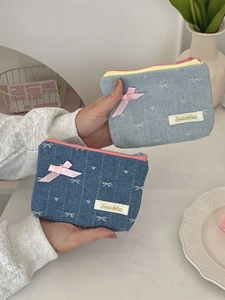 Denim coin purse with embroidered bows and pink silk ribbon, stylish key and card pouch