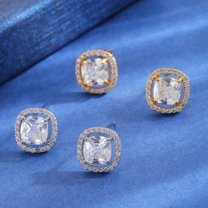 Pendientes cuadrados halo de oro y plata elegantes con gemas de circonita cúbica