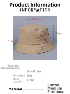 Detailed size specifications for washed cotton bucket hat with dimensions and material info