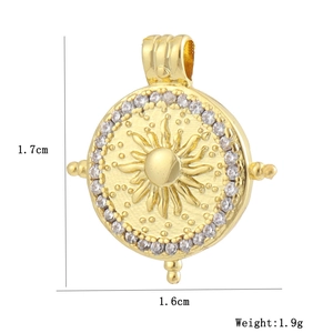 Detailed view of 18K gold plated sun pendant with micro-pave zircons, 1.7cm height