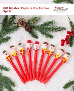 Detailed view of nine red Christmas pens with cute Santa Claus figurines on snow background