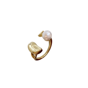 Elegant gold-plated open ring with white pearl and metallic bean accent on white background
