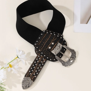 Retro black elastic waist belt with crocodile texture and vintage silver buckles on white background