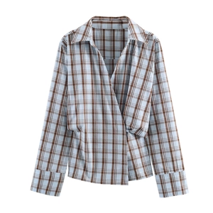 Women Elegant Plaid Poplin Shirt Long Sleeve Crossover Wrap Side Button Design Shirt Collar Polyester Top Blouse
