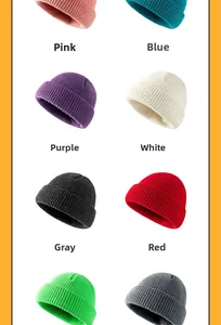 Grid display of ribbed knit beanies in pink, blue, purple, white, grey and red colors