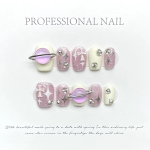Faux Ongles Faits À La Main Paillettes Roses Blanc Crème Décor Planète Croix Étoile Strass Style Doux Cool Femmes