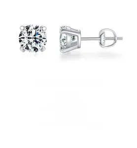 Detailed view of four-prong round moissanite stud earrings with secure screw-back posts
