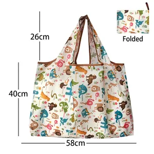 Foldable oxford shopping bag with cartoon animal prints and large storage capacity