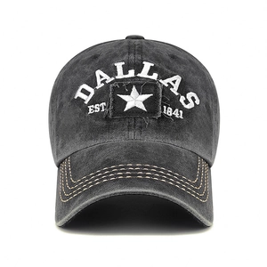 Vintage dark grey washed baseball cap with Dallas 1841 embroidery and yellow stitching
