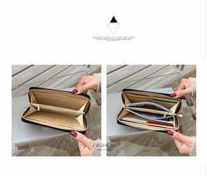 Detailed interior of a black PU leather long wallet with multiple card slots and gold zipper