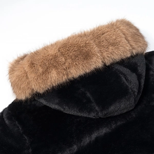 Close-up of the plush brown faux fur collar against a sleek black padded coat surface