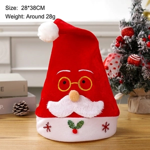 Plush red LED Christmas hat featuring Santa Claus embroidery and a white fuzzy pompom