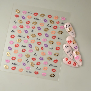 Macro shot of 3D lip nail stickers and model Co-262 on pink artificial fingernails