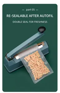 Detail of manual heat sealer for frosted snack bags showing double sealing process