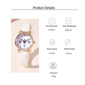 Detailed view of cat-ear rose gold quartz watch with white leather strap specifications