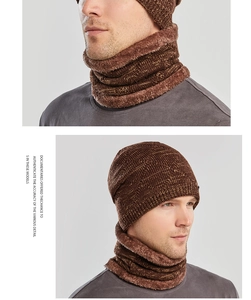 Detail of men's winter knit beanie and neck warmer set with warm thick fleece lining