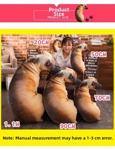 Detailed size comparison of 3D dog plush pillows ranging from 20cm to 1.1m held by a model
