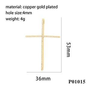 Gold plated copper cross pendant with cubic zirconia, 53mm x 36mm size details
