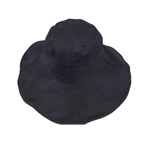 Elegant solid black wide-brim bucket hat for women with foldable sun protection design